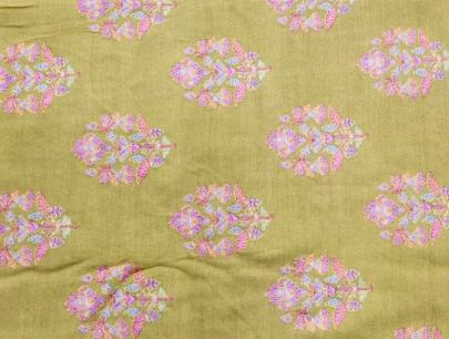 Printed munga silk embroidery fabric - Lemon Green/ Banarasi Work