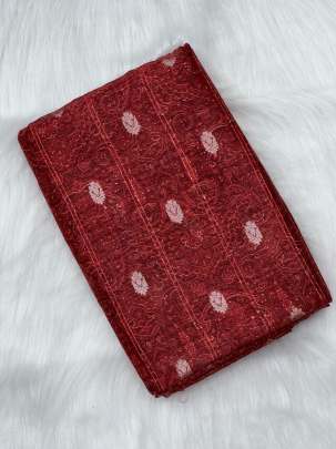 Printed munga silk with golden zari butti fabric - Maroon/