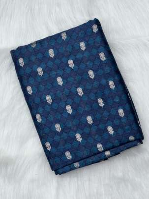 Printed munga silk with golden zari butti fabric - Navy blue/