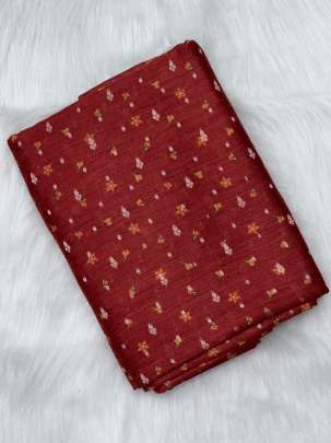 Printed munga silk with golden zari butti fabric - Maroon/