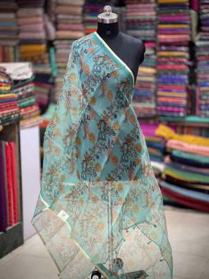 Printed organza duppata - Aqua Blue/