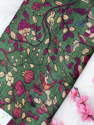 Printed tassar silk fabric - Green/ 