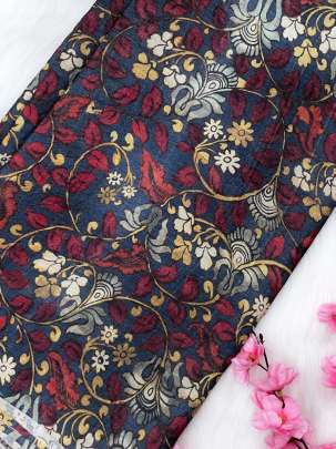 Printed tassar silk fabric - Navy Blue/ Printed Silk fabrics