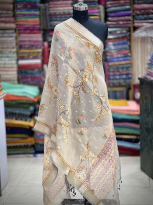 Printed tissue duppata with golden zari butti - Grey/ Printed duppatas