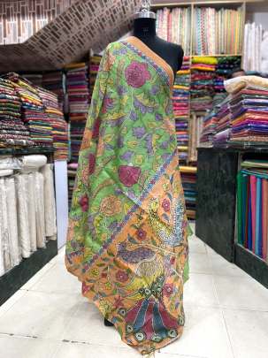 Pure tassar silk hand-painted kalamkari duppata/ Printed duppatas