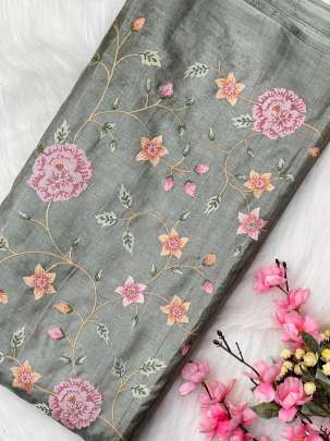 Pure tassar silk with multi-coloured embroidery work fabric/ Embroidery Work Fabrics