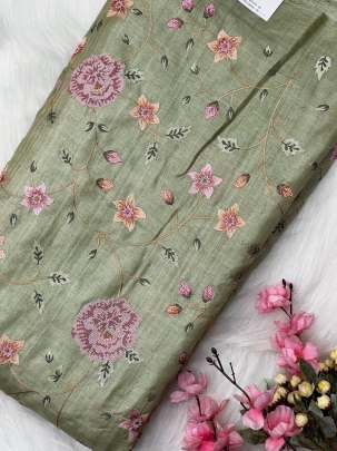 Pure tassar silk with multi-coloured embroidery work fabric/