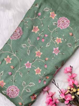 Pure tassar silk with multi-coloured embroidery work fabric/ 