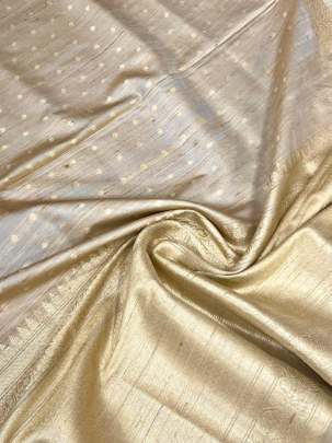 Raw silk duppata with fine golden dots motifs & banarasi daman - Golden/