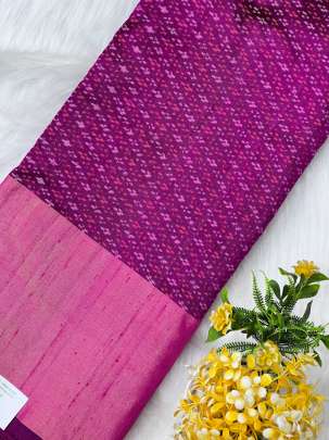 Raw silk ikkat with golden border - Magenta/