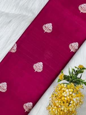 Raw silk with golden & silver zari butta fabric - Rani/