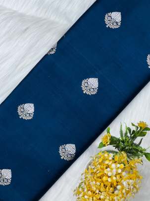 Raw silk with golden & silver zari butta fabric - Peacock Blue/ Pure Banarasi fabrics