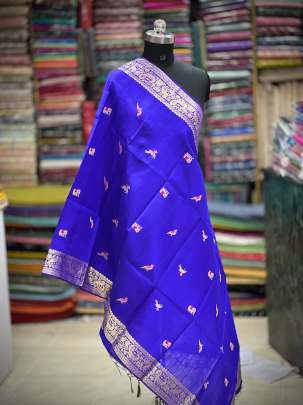 Raw silk with golden zari work duppata - Royal blue/ Banarasi Duppatas 