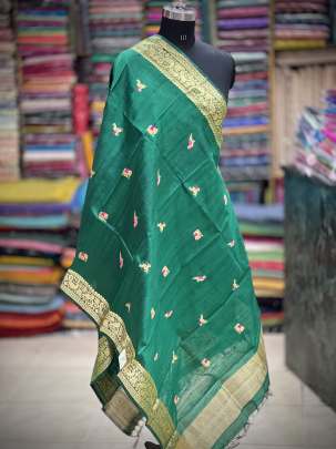 Raw silk with golden zari work duppata - Green/ 