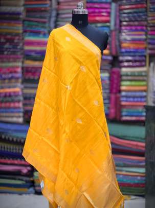 Raw silk with golden zari work duppata - Yellow/ Banarasi Duppatas 