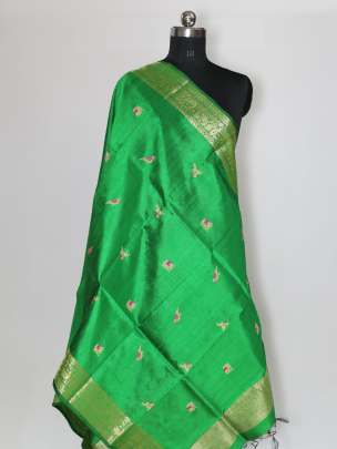 Raw silk with golden zari work duppata - Parrot green/