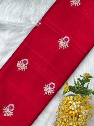 Raw silk with water gold minakari zari butta fabric - Red/ 