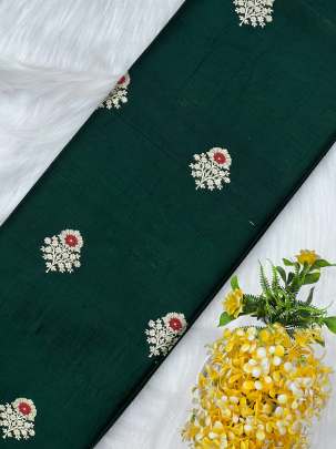 Raw silk with water gold minakari zari butta fabric - Green/ Pure Banarasi fabrics