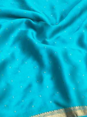 Resham Crepe With Golden Dots Motif & Golden Banarasi Border Aqua Blue/ 