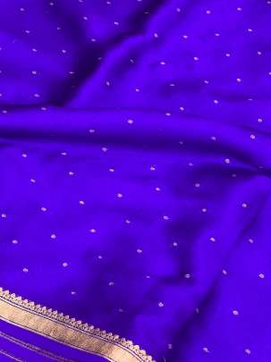 Resham Crepe With Golden Dots Motif & Golden Banarasi Border Ink Blue/ 