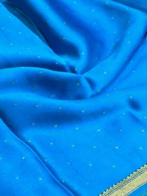 Resham Crepe With Golden Dots Motif & Golden Banarasi Border Sky Blue/ Pure Banarasi fabrics