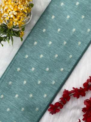 Tassar linen with golden butti - Cadet Blue/ Pure Banarasi fabrics