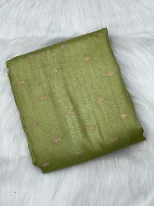 Tassar silk golden zari butti fabric - Light Parrot Green/